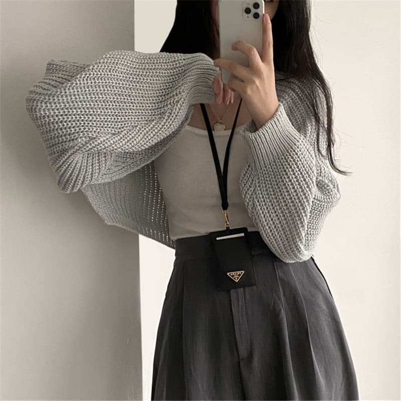한국 chic 느긋한 바람 봄 가을 프랑스식 작은 대중 품격 벌룬 소매 니트 숄 재킷 여성 짧은 스웨터 상세 이미지 22
