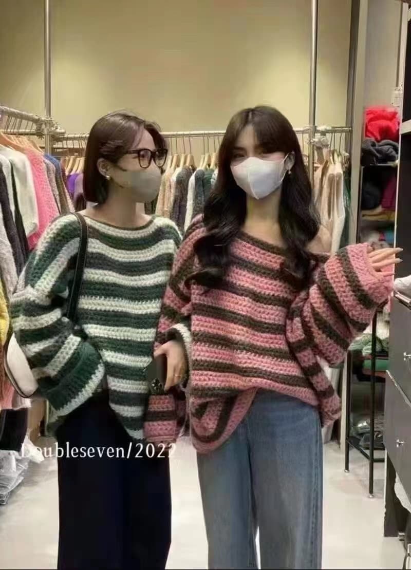 한 부서 가을 겨울 새로운 느긋한 바람 레트로 스트라이프 스웨터 여자 두꺼운 루즈핏 고급 센스 보트넥 니트 맨위 이미지 2