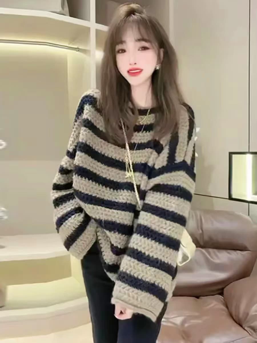 한 부서 가을 겨울 새로운 느긋한 바람 레트로 스트라이프 스웨터 여자 두꺼운 루즈핏 고급 센스 보트넥 니트 맨위 이미지 3