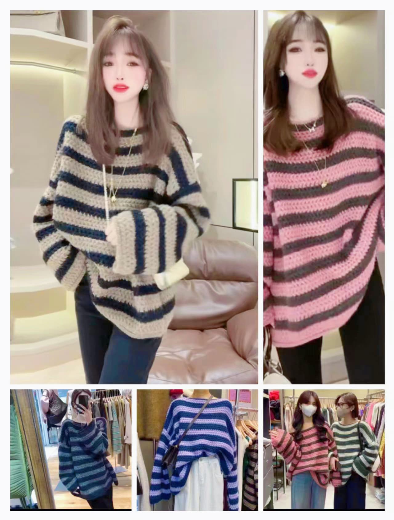 한 부서 가을 겨울 새로운 느긋한 바람 레트로 스트라이프 스웨터 여자 두꺼운 루즈핏 고급 센스 보트넥 니트 맨위 상세 이미지 2
