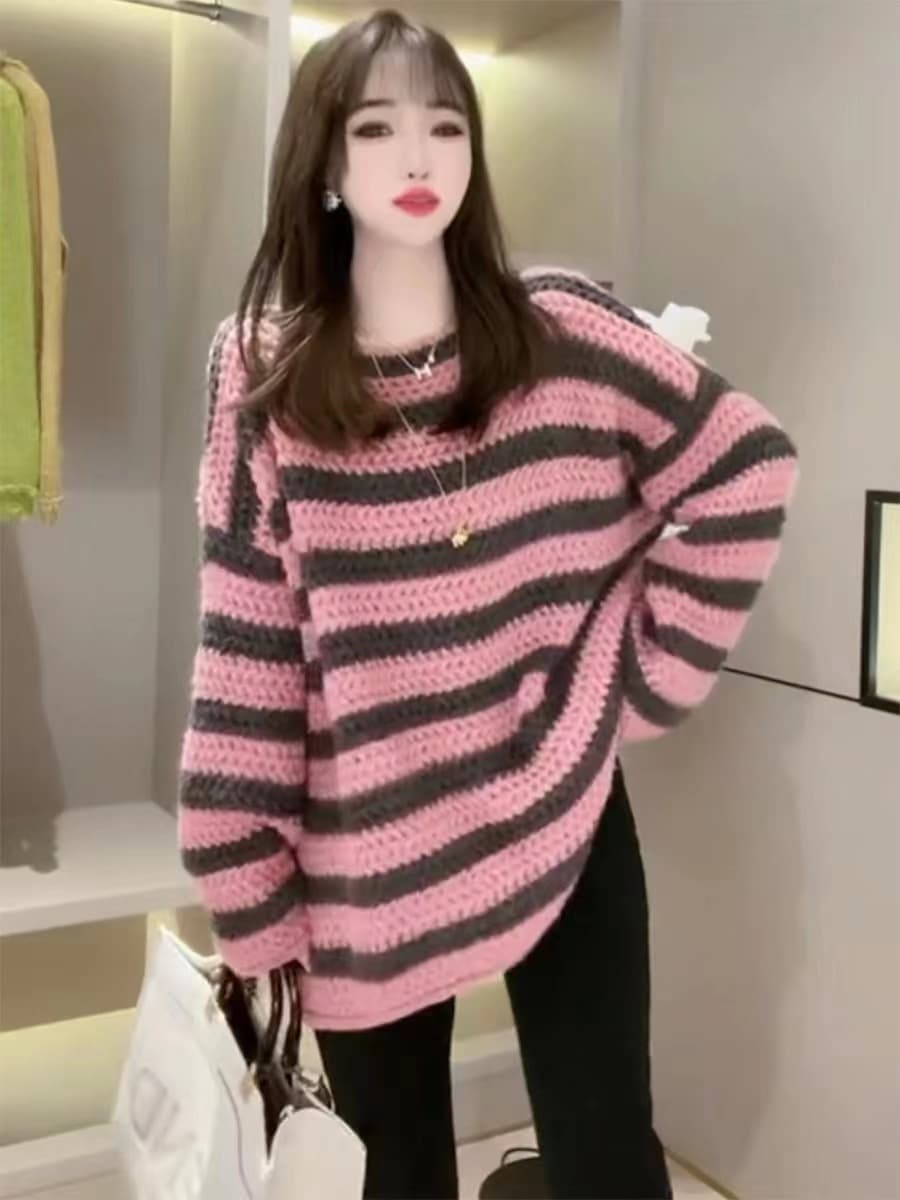 한 부서 가을 겨울 새로운 느긋한 바람 레트로 스트라이프 스웨터 여자 두꺼운 루즈핏 고급 센스 보트넥 니트 맨위 상세 이미지 11