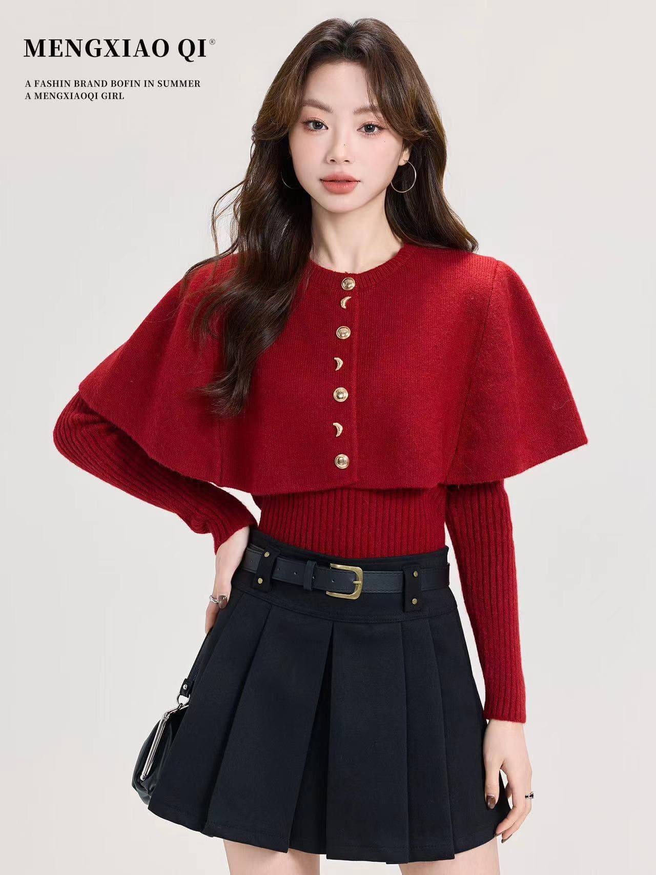 프랑스식 레트로 도트 무늬 리본 라운드 넥 망토 숄 니트 스웨터 부드러운 찹쌀 보온 스웨터 투피스 슈트 여성 겨울 상세 이미지 2
