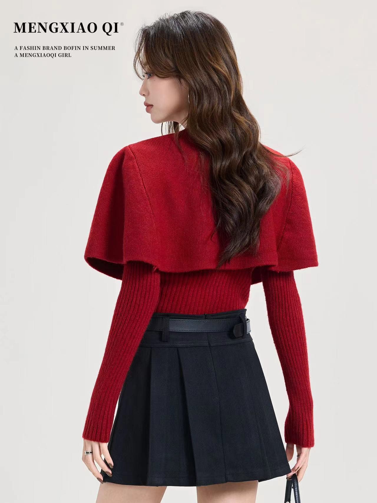 프랑스식 레트로 도트 무늬 리본 라운드 넥 망토 숄 니트 스웨터 부드러운 찹쌀 보온 스웨터 투피스 슈트 여성 겨울 상세 이미지 3