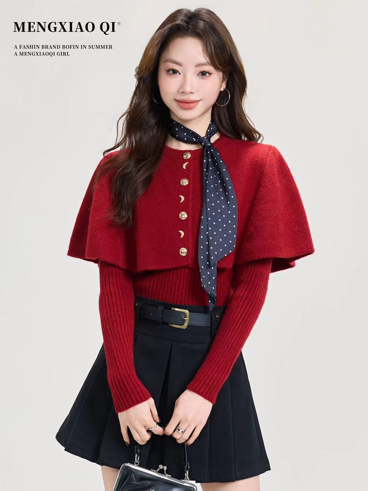 프랑스식 레트로 도트 무늬 리본 라운드 넥 망토 숄 니트 스웨터 부드러운 찹쌀 보온 스웨터 투피스 슈트 여성 겨울 상세 이미지 4
