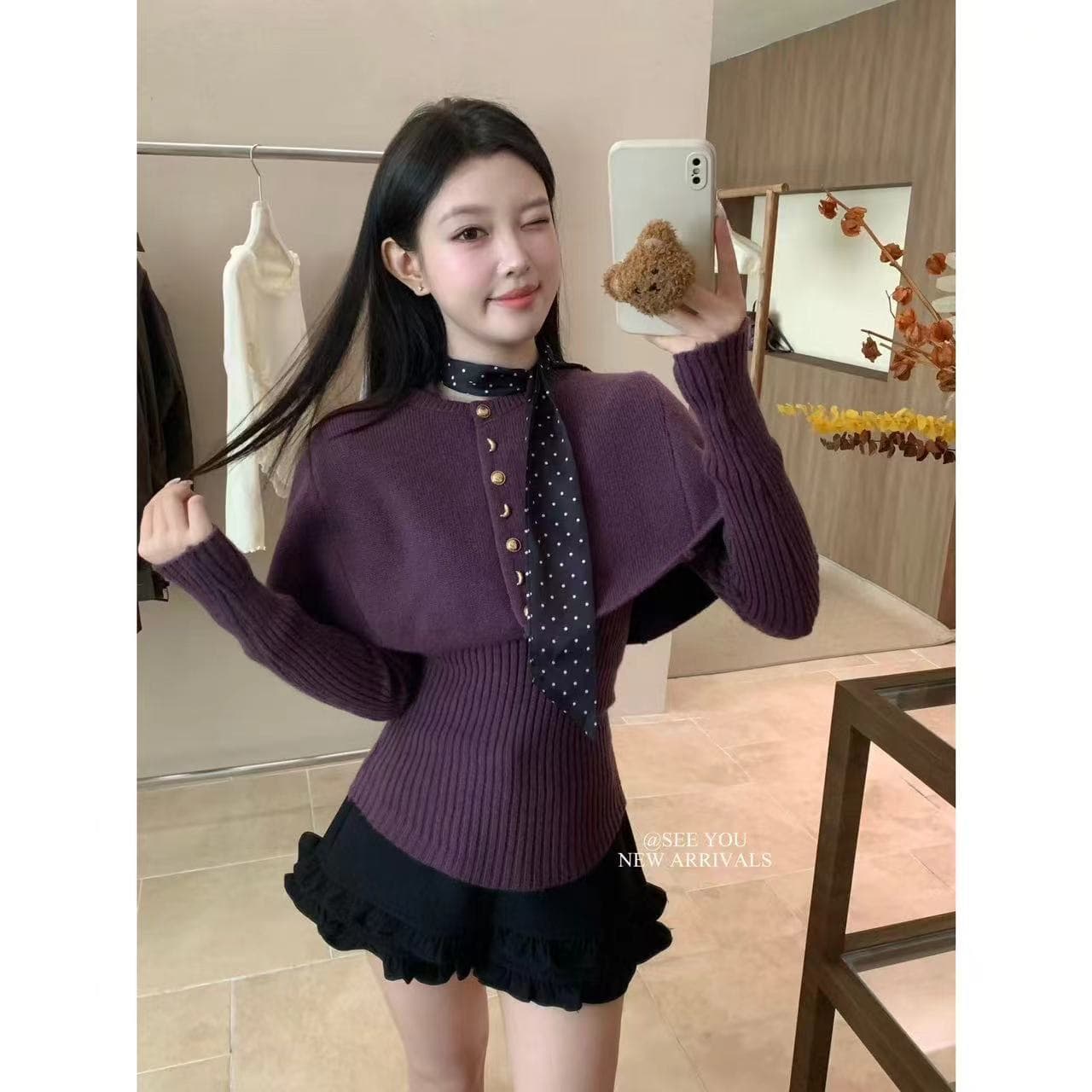 프랑스식 레트로 도트 무늬 리본 라운드 넥 망토 숄 니트 스웨터 부드러운 찹쌀 보온 스웨터 투피스 슈트 여성 겨울 상세 이미지 6