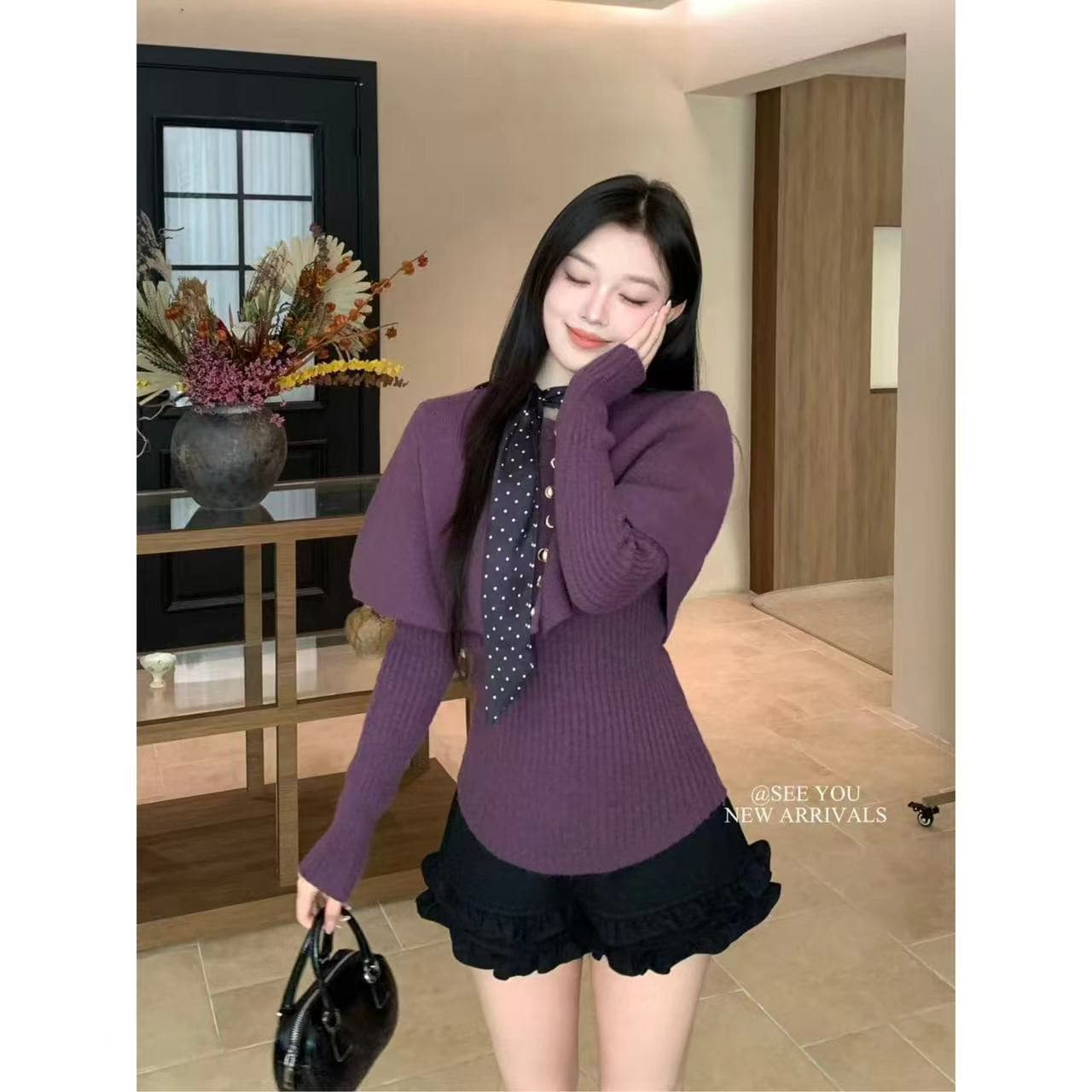 프랑스식 레트로 도트 무늬 리본 라운드 넥 망토 숄 니트 스웨터 부드러운 찹쌀 보온 스웨터 투피스 슈트 여성 겨울 상세 이미지 9