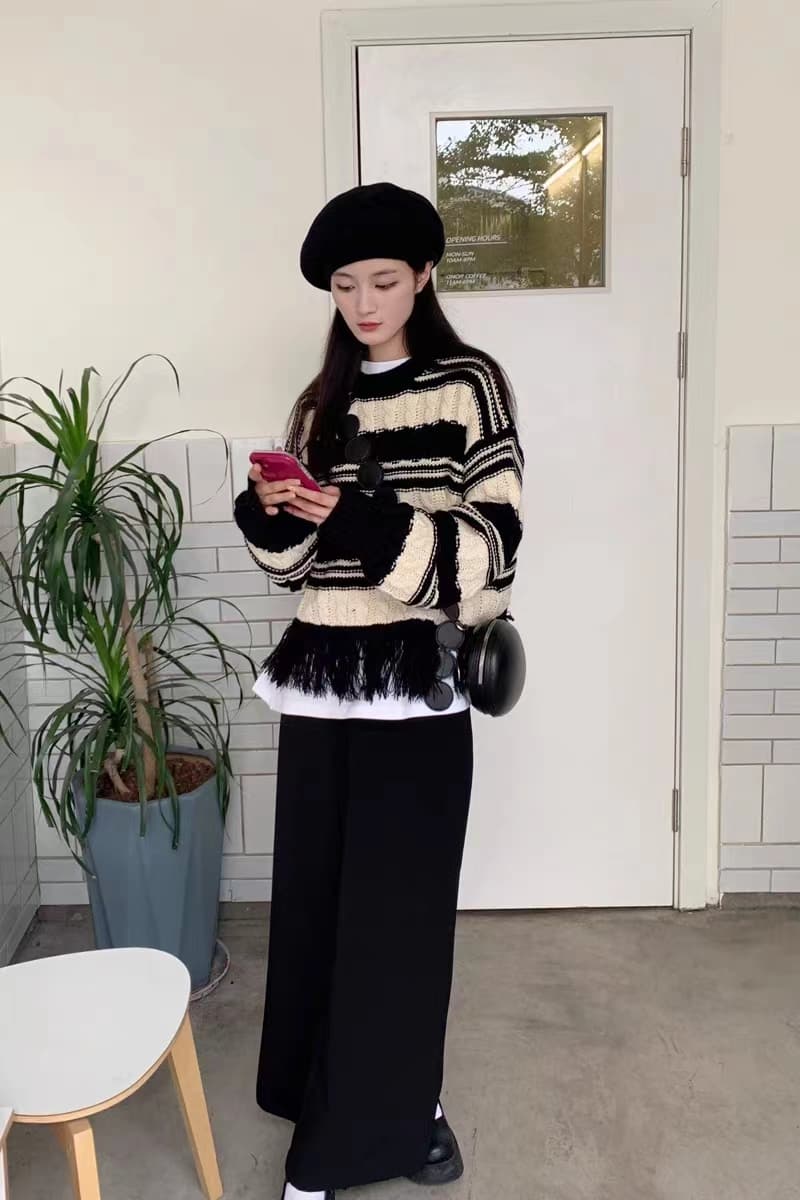 프랑스식 레트로 배색 스트라이프 술 라운드 넥 스웨터 여자 가을 겨울 디자인 센스 작은 대중 슬림해 보이는 쇼트 스타일 니트 맨위 상세 이미지 10