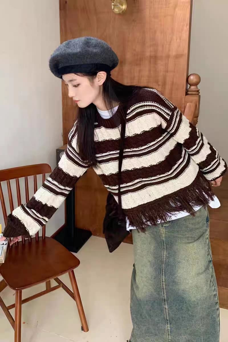 프랑스식 레트로 배색 스트라이프 술 라운드 넥 스웨터 여자 가을 겨울 디자인 센스 작은 대중 슬림해 보이는 쇼트 스타일 니트 맨위 상세 이미지 13