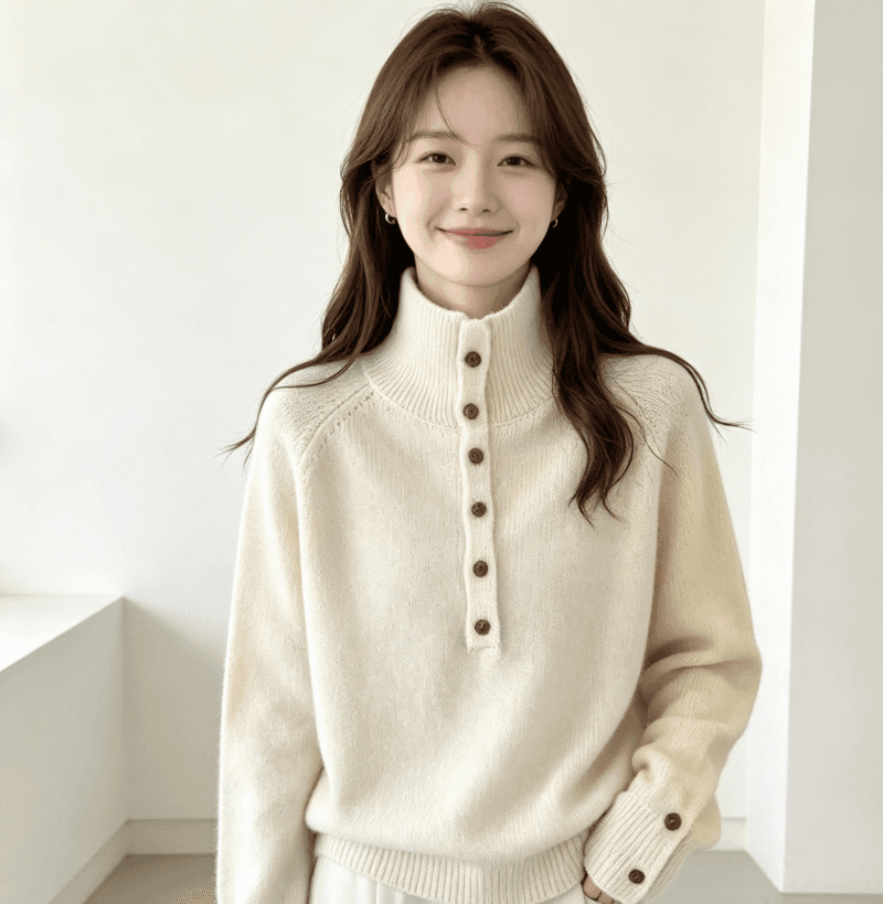 한국 동대문 새로운 스탠드 칼라 반 개방 버클 루즈핏 단색 긴팔 풀오버 두꺼운 스웨터 가을 겨울 새로운 품격 이미지 3