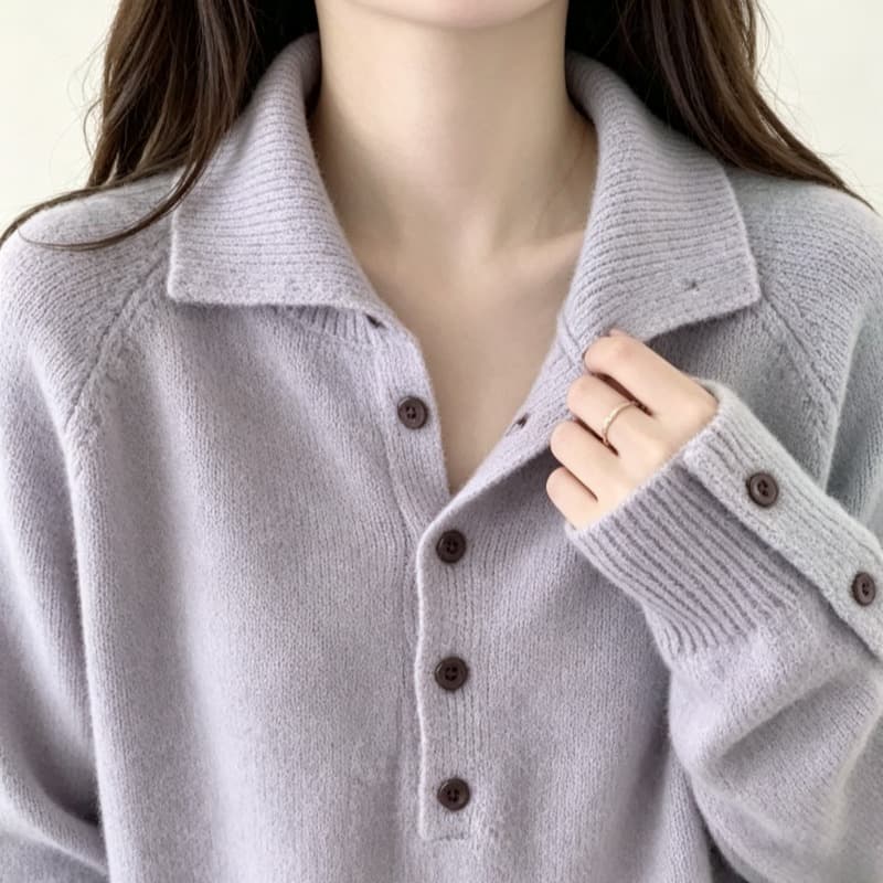 한국 동대문 새로운 스탠드 칼라 반 개방 버클 루즈핏 단색 긴팔 풀오버 두꺼운 스웨터 가을 겨울 새로운 품격 이미지 5