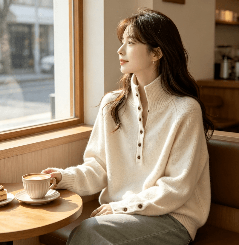 한국 동대문 새로운 스탠드 칼라 반 개방 버클 루즈핏 단색 긴팔 풀오버 두꺼운 스웨터 가을 겨울 새로운 품격 상세 이미지 4