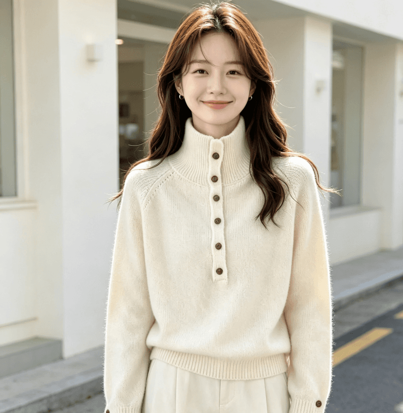 한국 동대문 새로운 스탠드 칼라 반 개방 버클 루즈핏 단색 긴팔 풀오버 두꺼운 스웨터 가을 겨울 새로운 품격 상세 이미지 6
