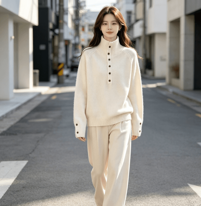 한국 동대문 새로운 스탠드 칼라 반 개방 버클 루즈핏 단색 긴팔 풀오버 두꺼운 스웨터 가을 겨울 새로운 품격 상세 이미지 7