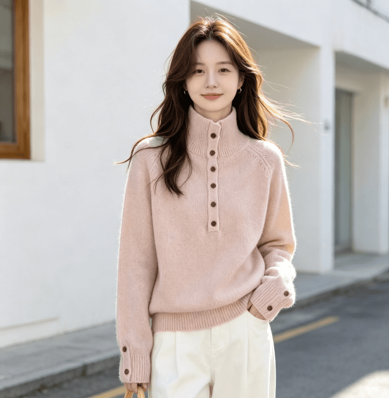 한국 동대문 새로운 스탠드 칼라 반 개방 버클 루즈핏 단색 긴팔 풀오버 두꺼운 스웨터 가을 겨울 새로운 품격 상세 이미지 8