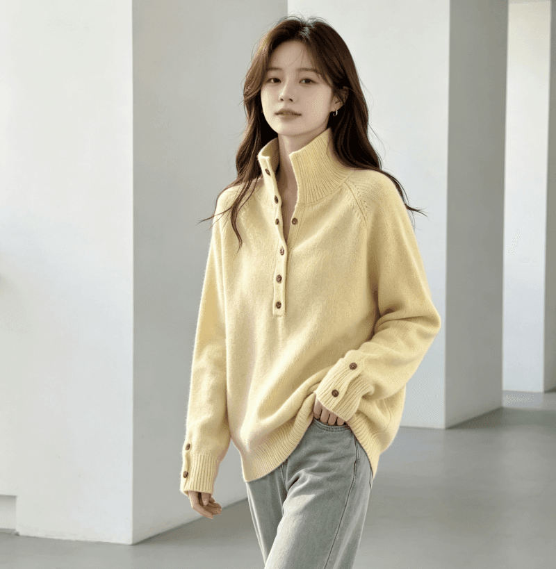 한국 동대문 새로운 스탠드 칼라 반 개방 버클 루즈핏 단색 긴팔 풀오버 두꺼운 스웨터 가을 겨울 새로운 품격 상세 이미지 14