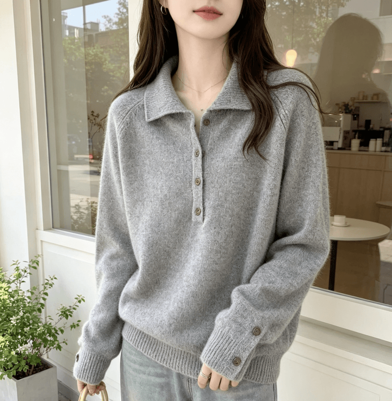 한국 동대문 새로운 스탠드 칼라 반 개방 버클 루즈핏 단색 긴팔 풀오버 두꺼운 스웨터 가을 겨울 새로운 품격 상세 이미지 19
