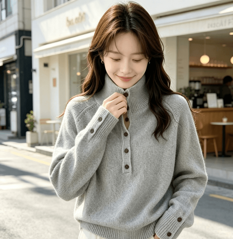 한국 동대문 새로운 스탠드 칼라 반 개방 버클 루즈핏 단색 긴팔 풀오버 두꺼운 스웨터 가을 겨울 새로운 품격 상세 이미지 20