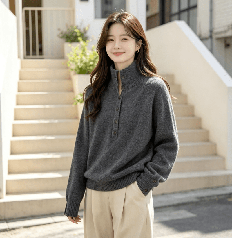 한국 동대문 새로운 스탠드 칼라 반 개방 버클 루즈핏 단색 긴팔 풀오버 두꺼운 스웨터 가을 겨울 새로운 품격 상세 이미지 21