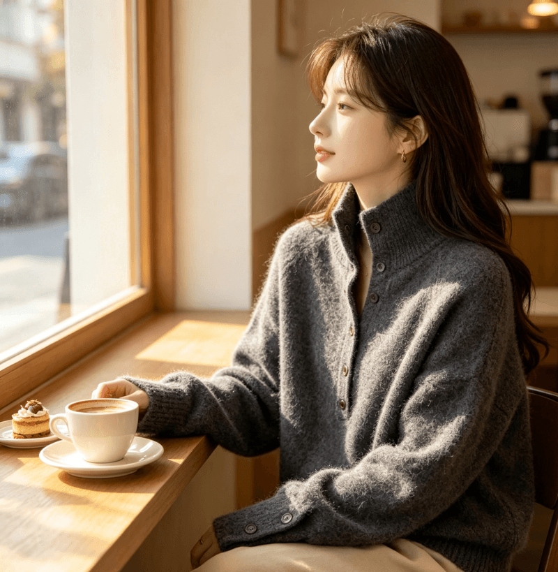한국 동대문 새로운 스탠드 칼라 반 개방 버클 루즈핏 단색 긴팔 풀오버 두꺼운 스웨터 가을 겨울 새로운 품격 상세 이미지 22