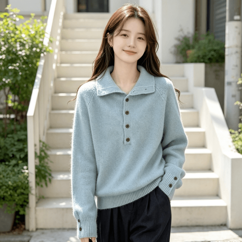 한국 동대문 새로운 스탠드 칼라 반 개방 버클 루즈핏 단색 긴팔 풀오버 두꺼운 스웨터 가을 겨울 새로운 품격 상세 이미지 27