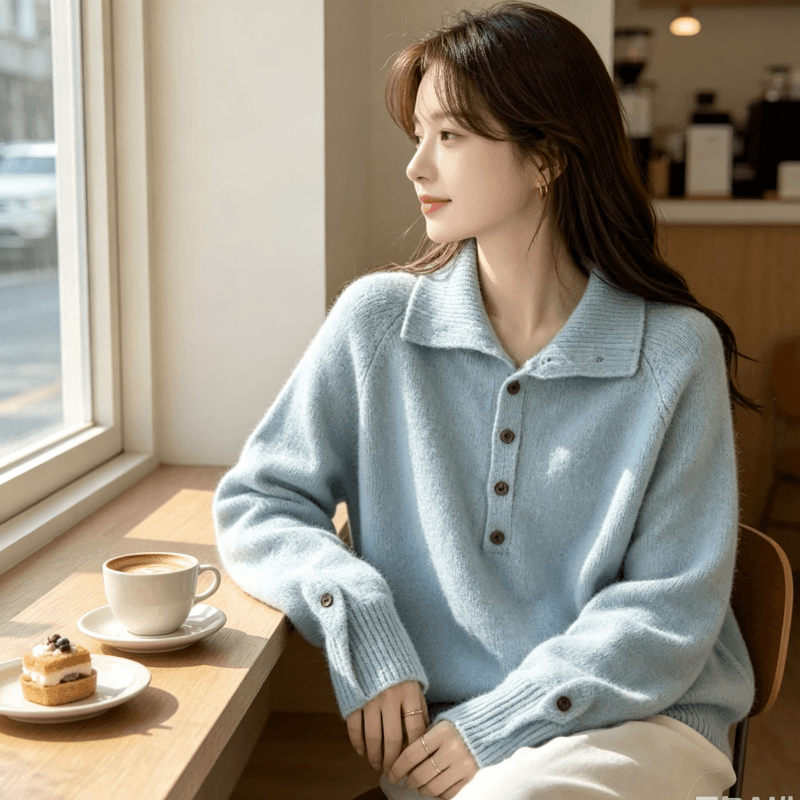 한국 동대문 새로운 스탠드 칼라 반 개방 버클 루즈핏 단색 긴팔 풀오버 두꺼운 스웨터 가을 겨울 새로운 품격 상세 이미지 28