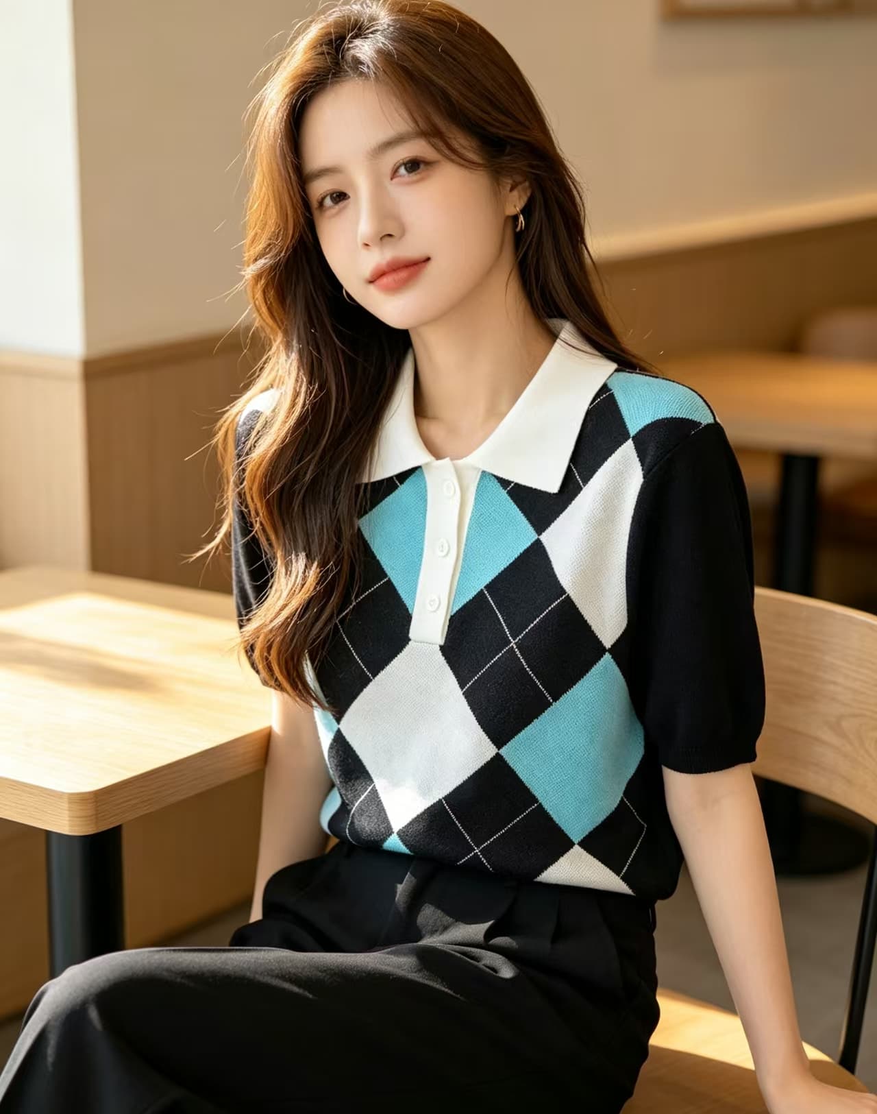 여름 한국 스타일 새로운 레트로 달콤함 다이아몬드 모양 그리드 니트 스웨터 여성 학원 스타일 POLO 칼라 반팔 맨위 서비스 이미지 4
