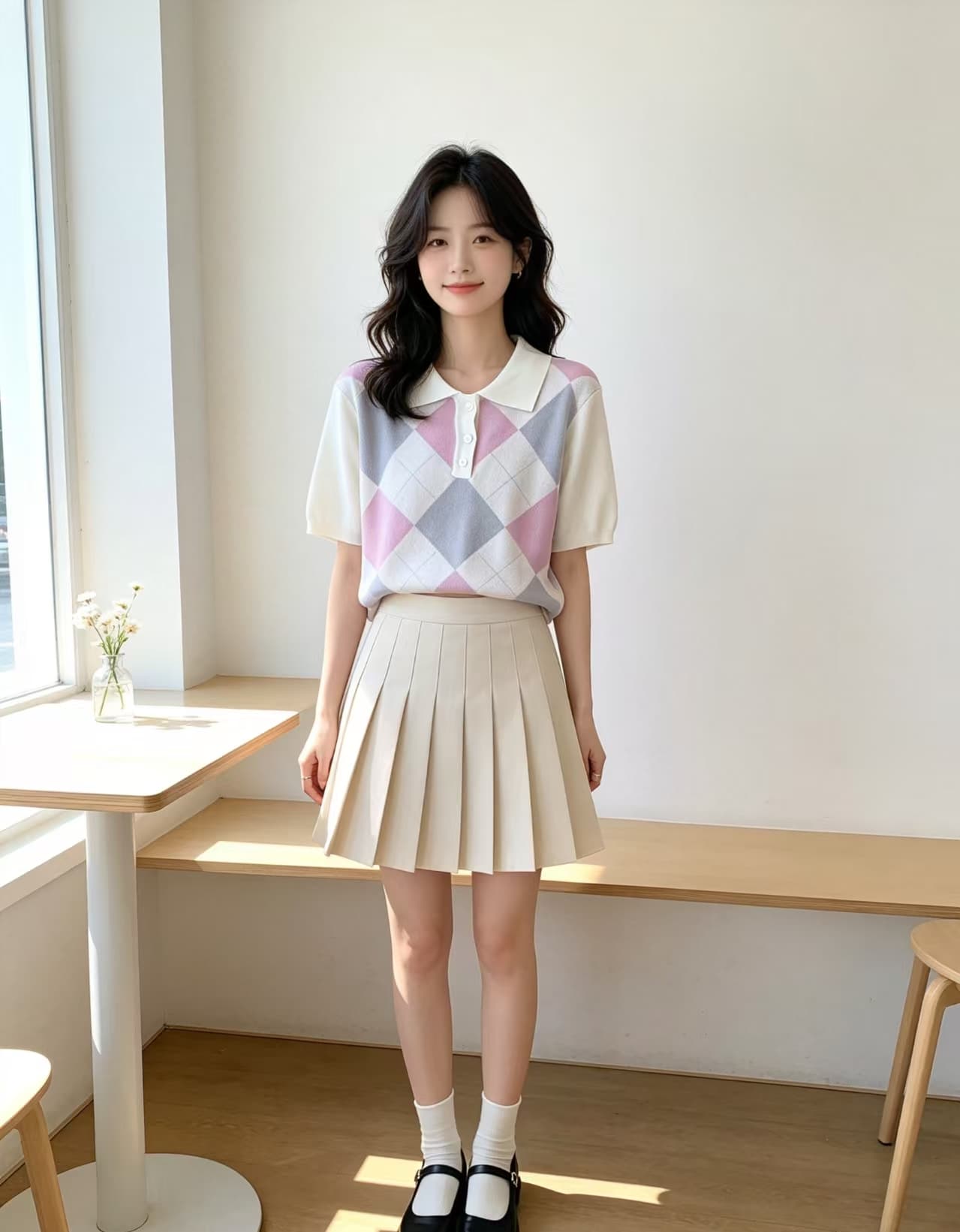 여름 한국 스타일 새로운 레트로 달콤함 다이아몬드 모양 그리드 니트 스웨터 여성 학원 스타일 POLO 칼라 반팔 맨위 서비스 상세 이미지 4