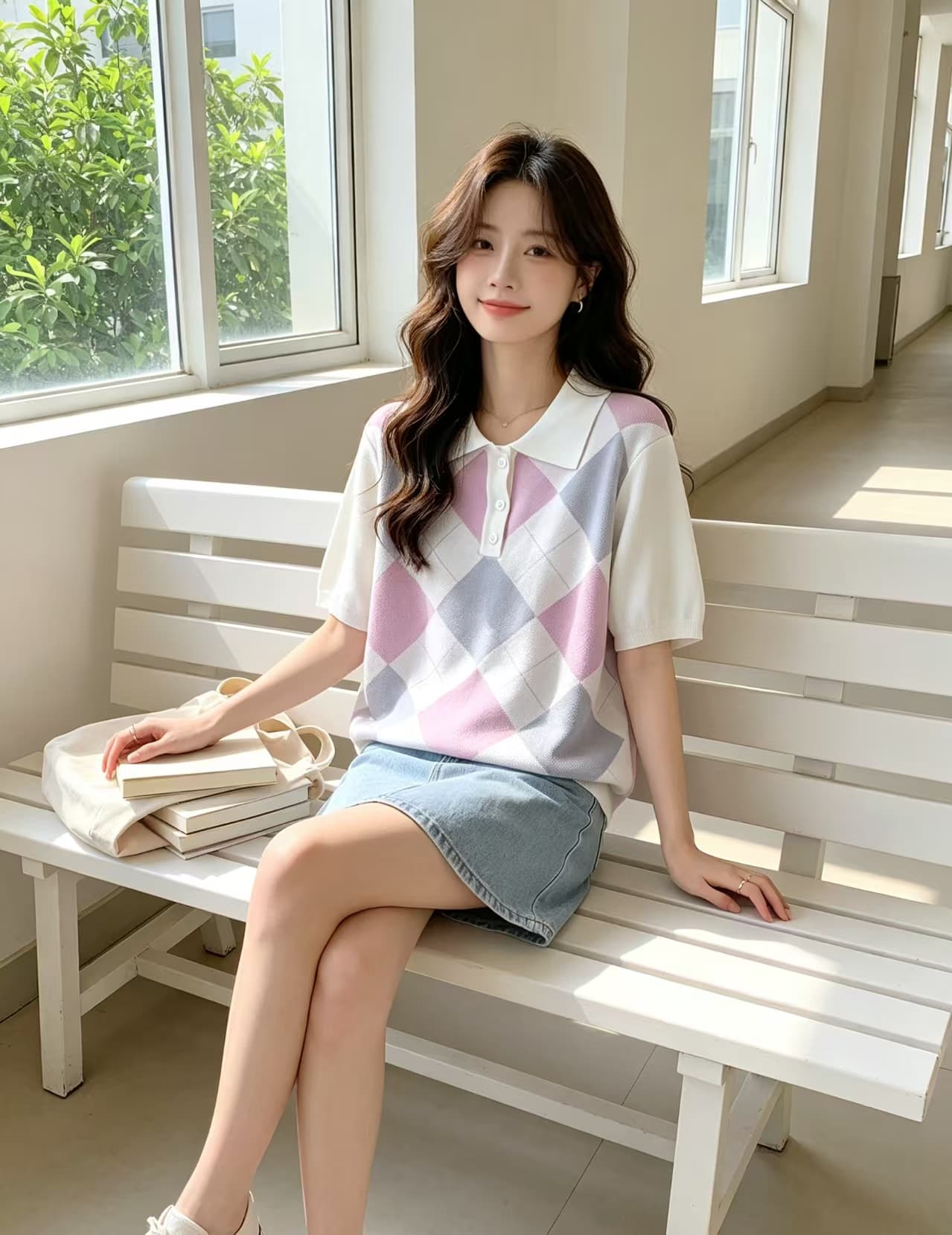여름 한국 스타일 새로운 레트로 달콤함 다이아몬드 모양 그리드 니트 스웨터 여성 학원 스타일 POLO 칼라 반팔 맨위 서비스 상세 이미지 5