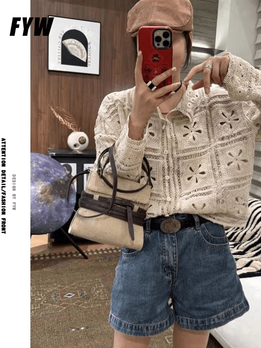 프랑스식 레트로 좋은 면 자수 홀로우 아웃 니트 오픈 가디건 여성 이른 가을 새로운 폴로 칼라 루즈핏 다용도 니트 스웨터 맨위 상세 이미지 5
