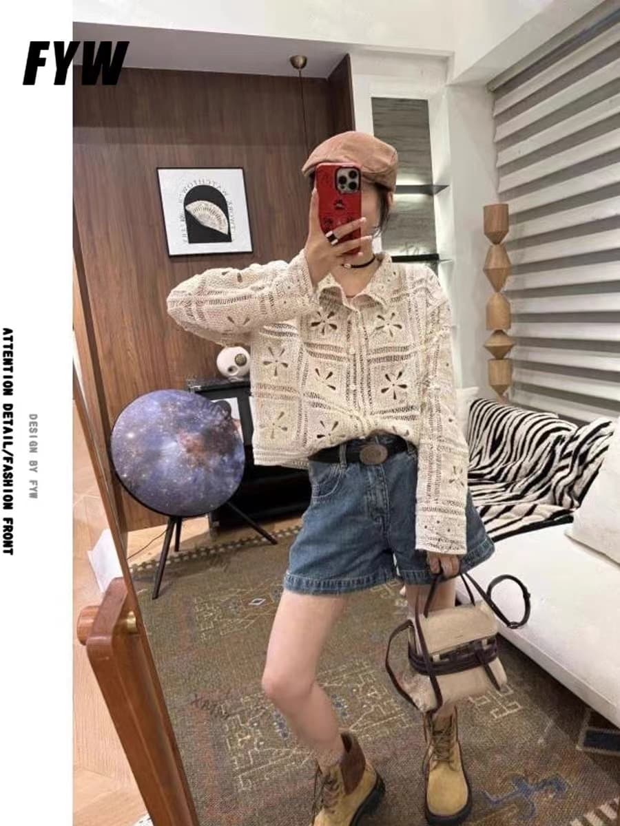 프랑스식 레트로 좋은 면 자수 홀로우 아웃 니트 오픈 가디건 여성 이른 가을 새로운 폴로 칼라 루즈핏 다용도 니트 스웨터 맨위 상세 이미지 10
