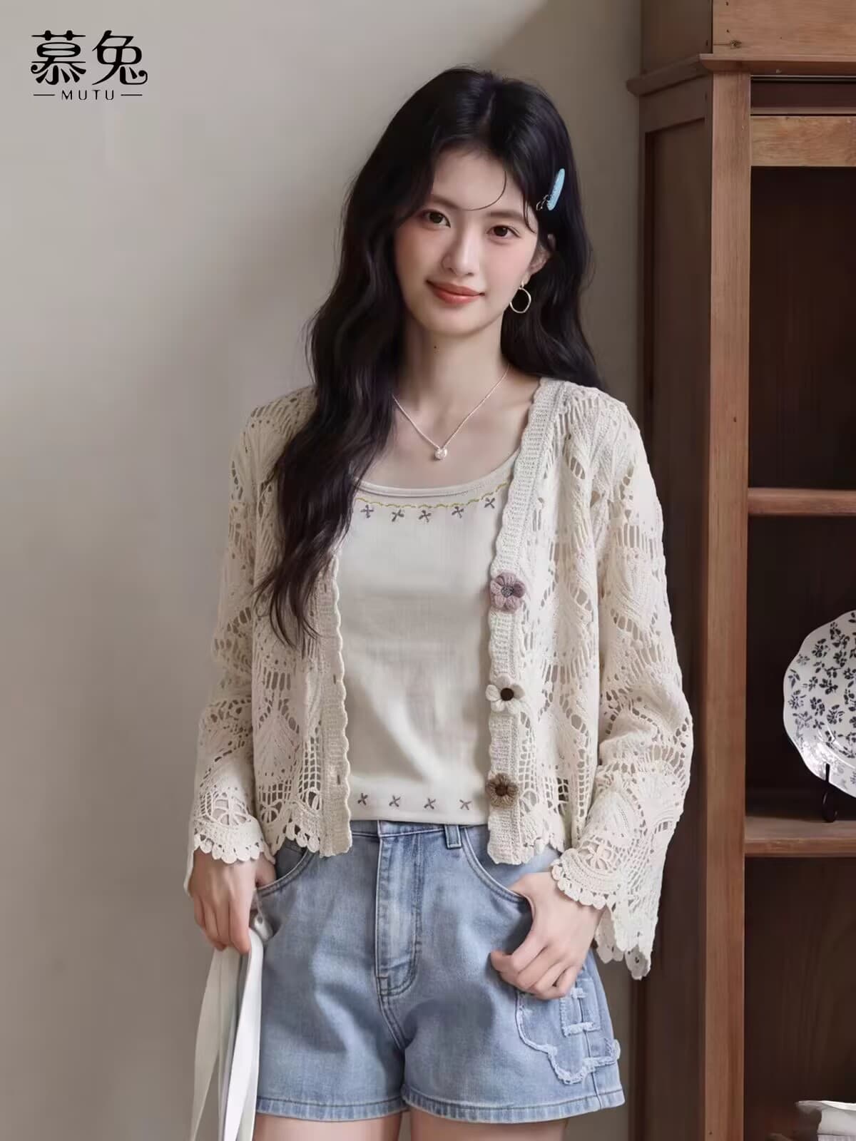 레트로 홀로우 아웃 자외선 차단 긴팔 니트 오픈 가디건 여성 2026 가을 새로운 맨위 상세 이미지 1