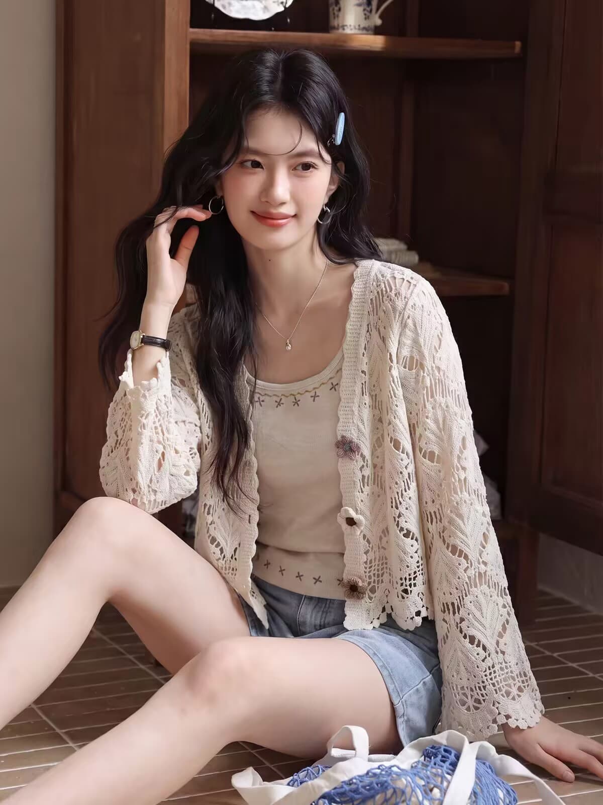 레트로 홀로우 아웃 자외선 차단 긴팔 니트 오픈 가디건 여성 2026 가을 새로운 맨위 상세 이미지 3