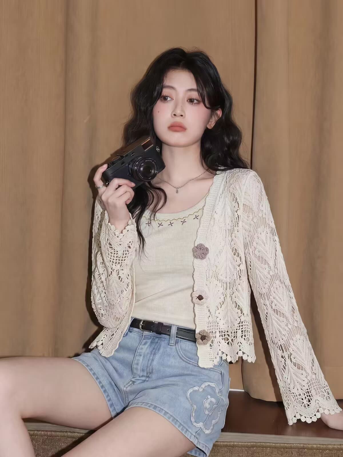 레트로 홀로우 아웃 자외선 차단 긴팔 니트 오픈 가디건 여성 2026 가을 새로운 맨위 상세 이미지 9