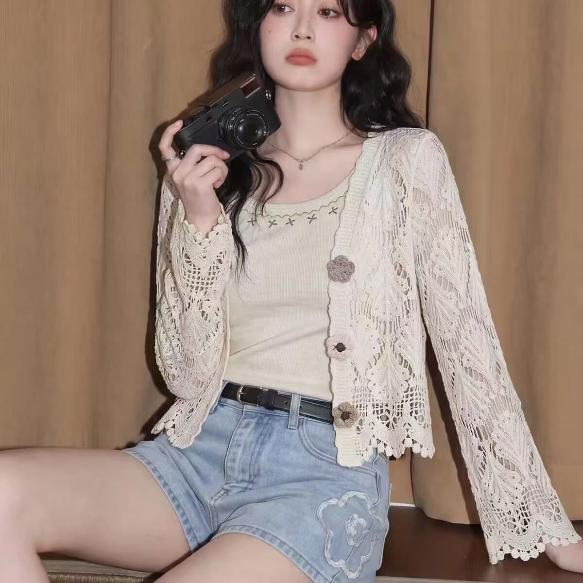 레트로 홀로우 아웃 자외선 차단 긴팔 니트 오픈 가디건 여성 2026 가을 새로운 맨위 상세 이미지 14