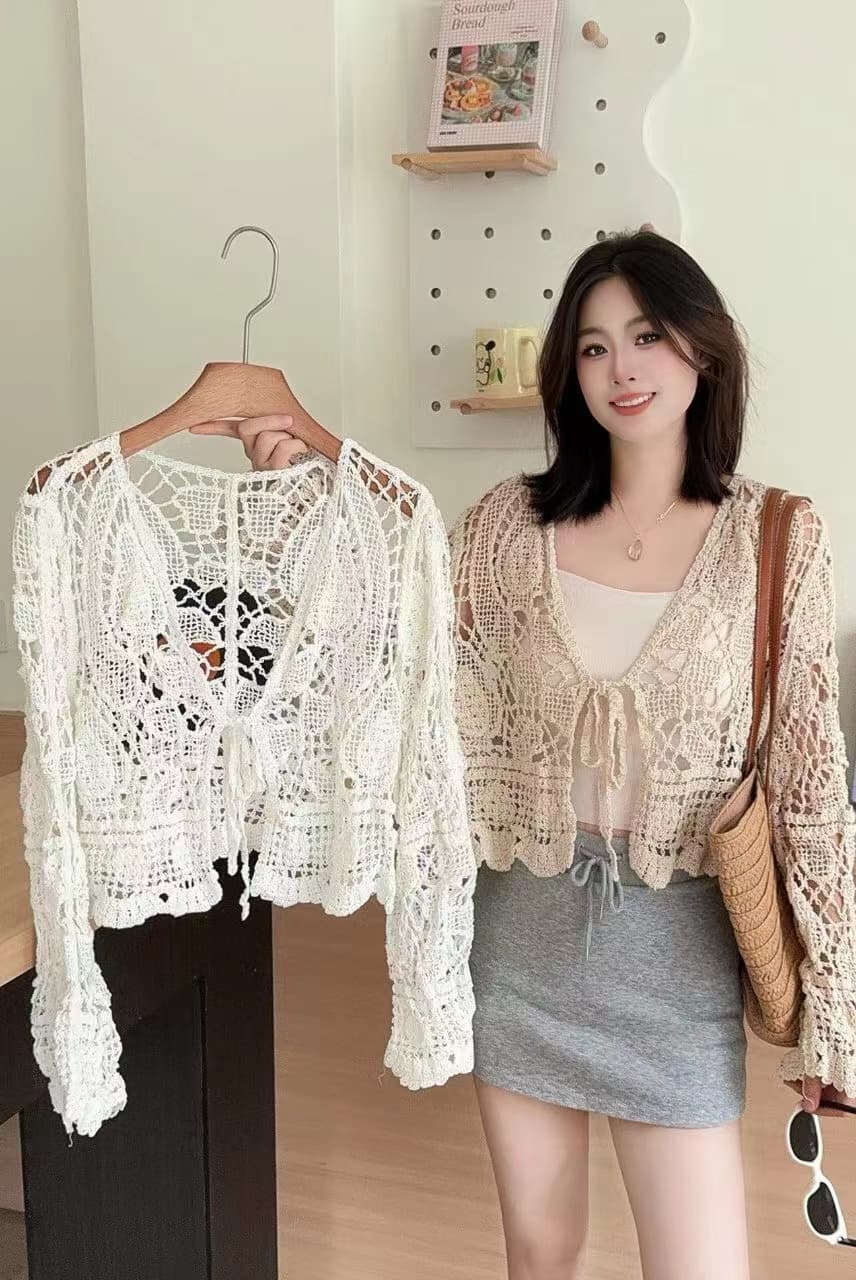 프랑스식 레트로 자수 레이스업 쇼트 스타일 오픈 가디건 여름 패션 긴팔 홀로우 아웃 태양 보호 셔츠 부드러운 바람 외부 잡아라. 의류