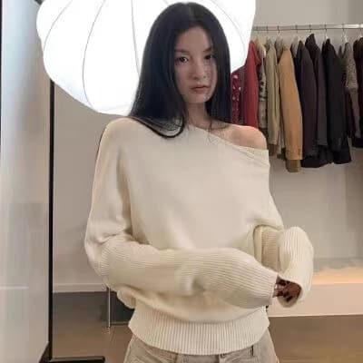 느긋한 바람 보트넥 오프숄더 스웨터 여자 디자인 센스 한 부서 루즈핏 비스듬한 어깨 니트 스웨터 맨위 상세 이미지 43