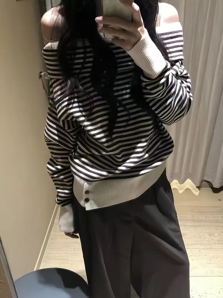 한 부서 이른 가을 분위기 센스 착용 가져 가라. 스트라이프 루즈핏 슬림해 보이는 오프숄더 니트 스웨터 스웨터 여자 가을 겨울 오프숄더 맨위 이미지 2