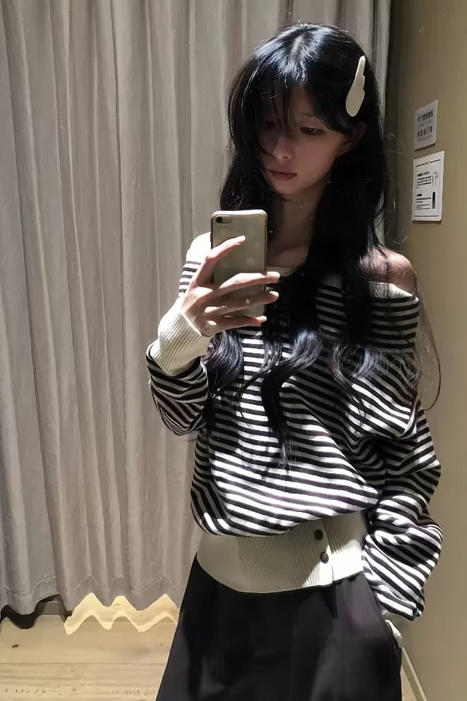 한 부서 이른 가을 분위기 센스 착용 가져 가라. 스트라이프 루즈핏 슬림해 보이는 오프숄더 니트 스웨터 스웨터 여자 가을 겨울 오프숄더 맨위 상세 이미지 4