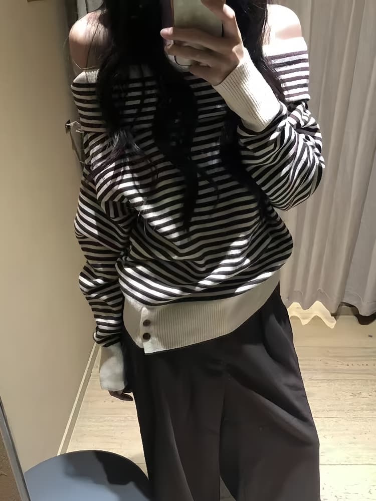 한 부서 이른 가을 분위기 센스 착용 가져 가라. 스트라이프 루즈핏 슬림해 보이는 오프숄더 니트 스웨터 스웨터 여자 가을 겨울 오프숄더 맨위 상세 이미지 5
