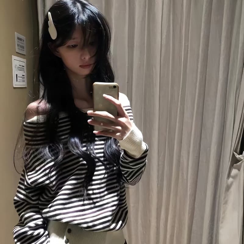 한 부서 이른 가을 분위기 센스 착용 가져 가라. 스트라이프 루즈핏 슬림해 보이는 오프숄더 니트 스웨터 스웨터 여자 가을 겨울 오프숄더 맨위 상세 이미지 6