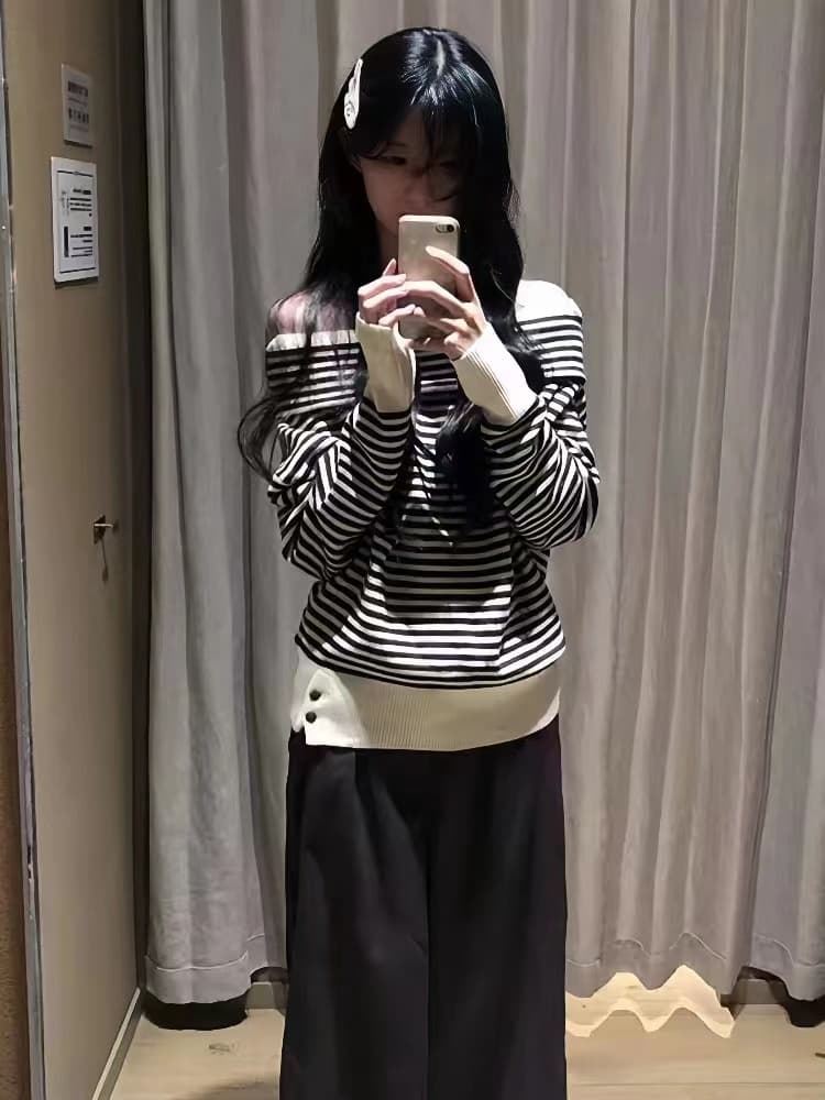 한 부서 이른 가을 분위기 센스 착용 가져 가라. 스트라이프 루즈핏 슬림해 보이는 오프숄더 니트 스웨터 스웨터 여자 가을 겨울 오프숄더 맨위 상세 이미지 8