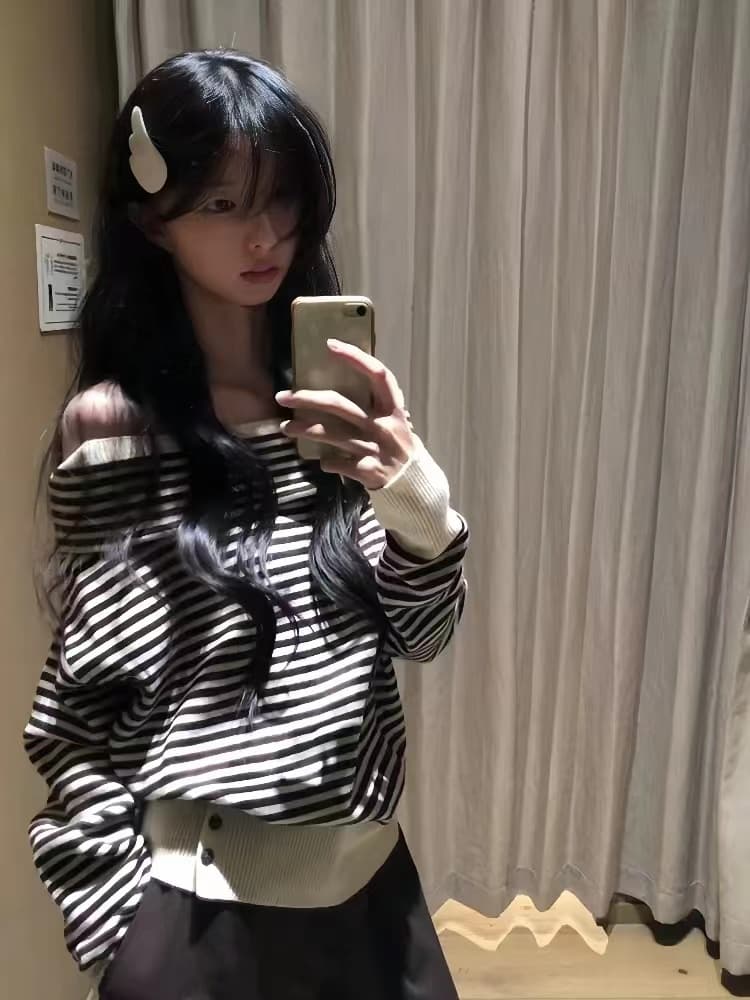 한 부서 이른 가을 분위기 센스 착용 가져 가라. 스트라이프 루즈핏 슬림해 보이는 오프숄더 니트 스웨터 스웨터 여자 가을 겨울 오프숄더 맨위 상세 이미지 9