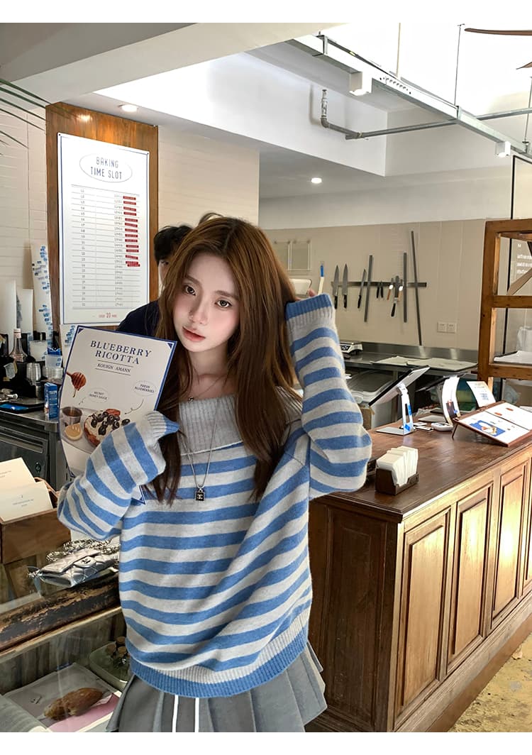 한 부서 품격 배색 스트라이프 오프숄더 니트 스웨터 2026 가을 겨울 새로운 패션 루즈핏 다용도 예쁜 스웨터 상세 이미지 8