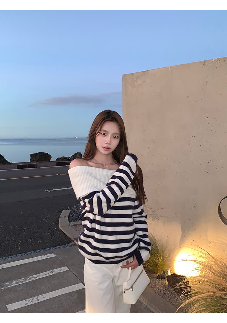 한 부서 품격 배색 스트라이프 오프숄더 니트 스웨터 2026 가을 겨울 새로운 패션 루즈핏 다용도 예쁜 스웨터 상세 이미지 9