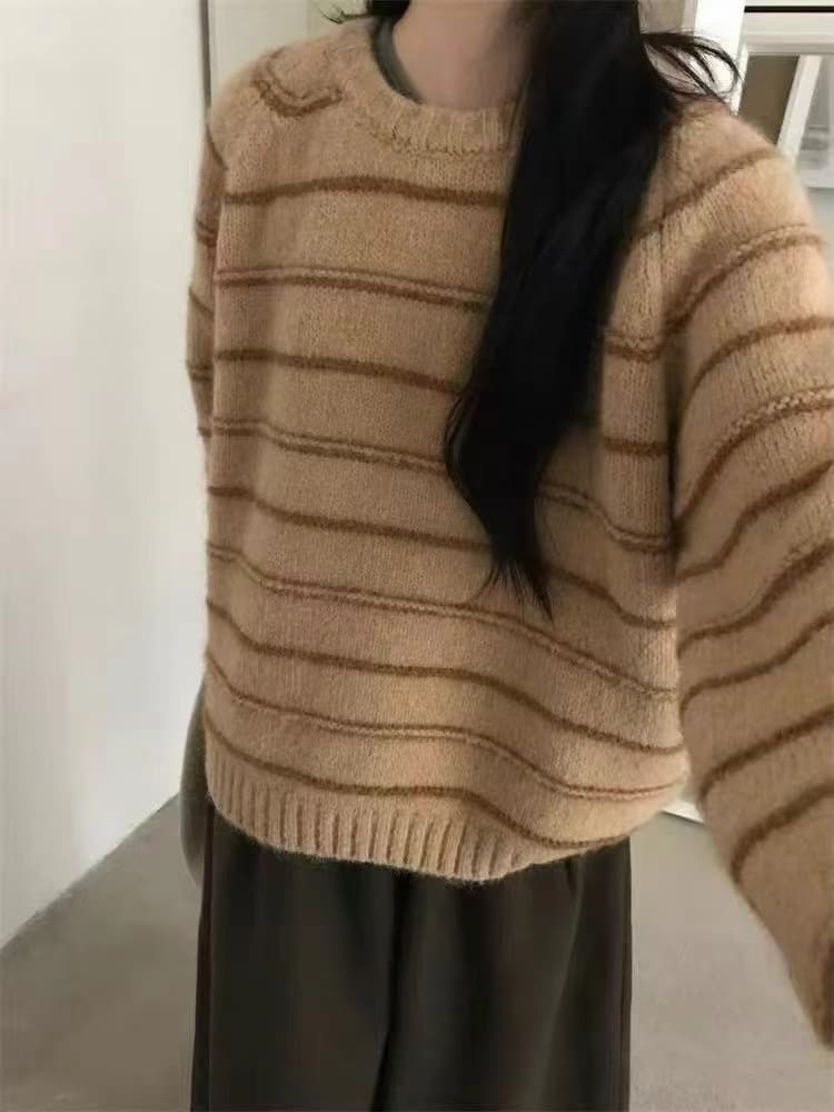 한국 스타일 라운드 넥 스트라이프 스웨터 여자 풀오버 루즈핏 느긋한 바람 다용도 니트 스웨터 2026 가을 겨울 새로운 맨위 트렌디 이미지 3