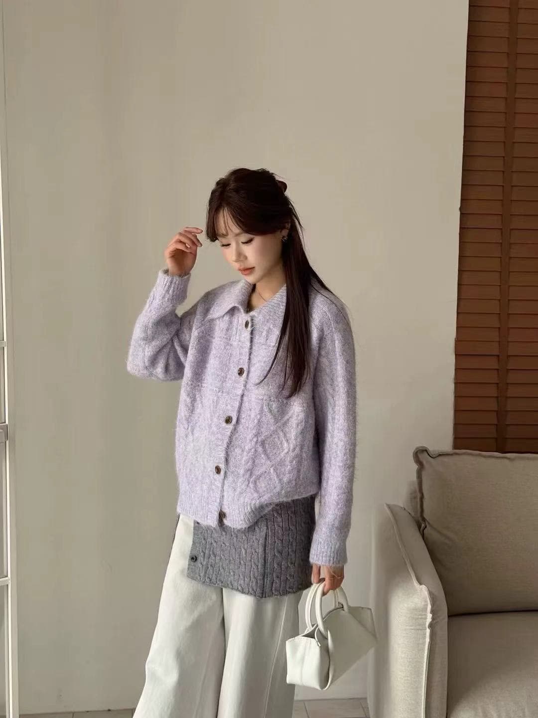 밝은색 POLO 칼라 루즈핏 느긋한 바람 니트 스웨터 여성 디자인 센스 작은 대중 고급 센스 스웨터 오픈 가디건 상세 이미지 5