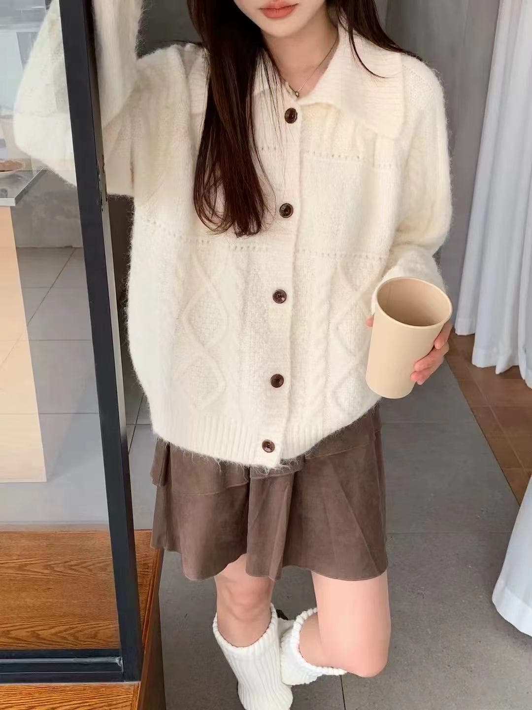 밝은색 POLO 칼라 루즈핏 느긋한 바람 니트 스웨터 여성 디자인 센스 작은 대중 고급 센스 스웨터 오픈 가디건 상세 이미지 10