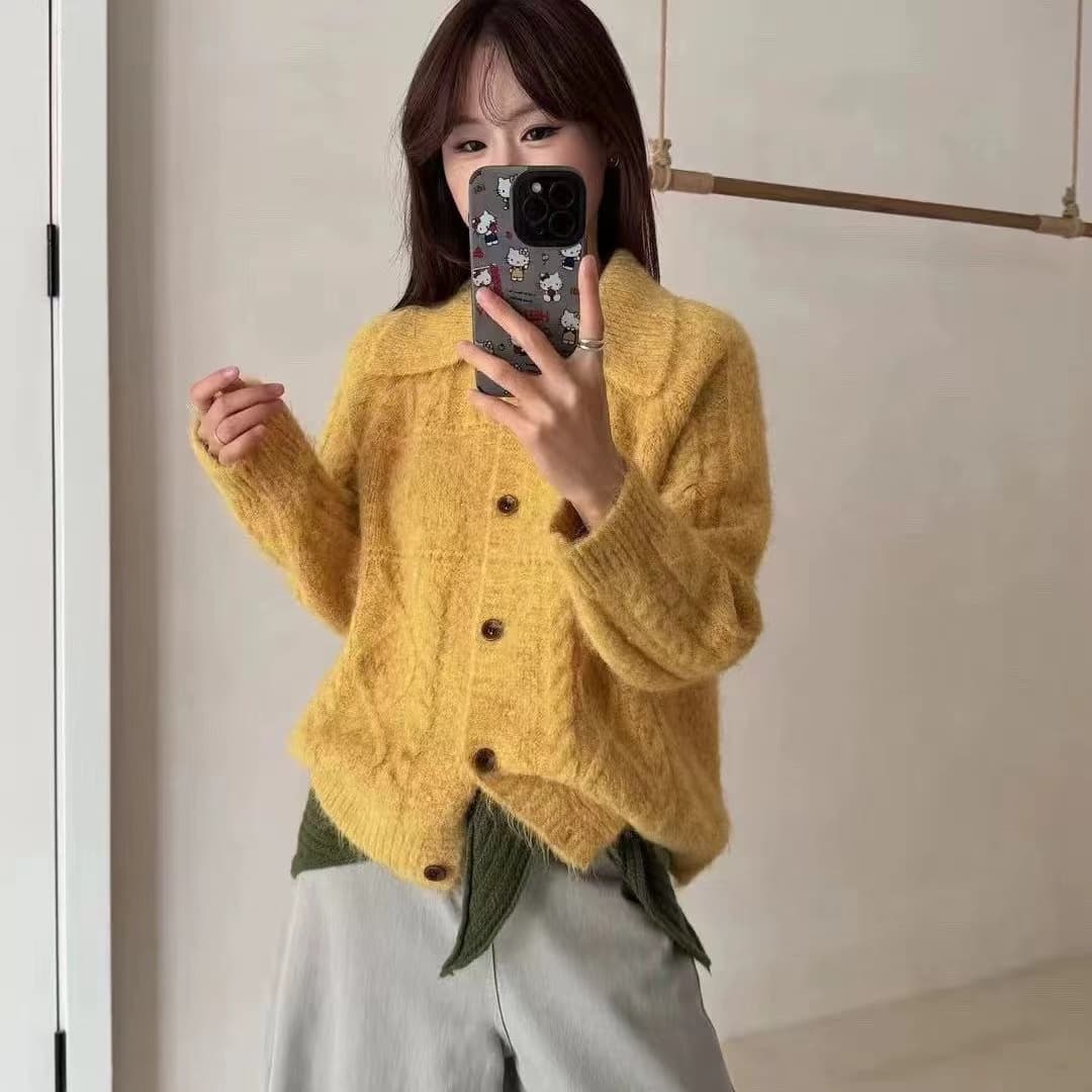밝은색 POLO 칼라 루즈핏 느긋한 바람 니트 스웨터 여성 디자인 센스 작은 대중 고급 센스 스웨터 오픈 가디건 상세 이미지 22