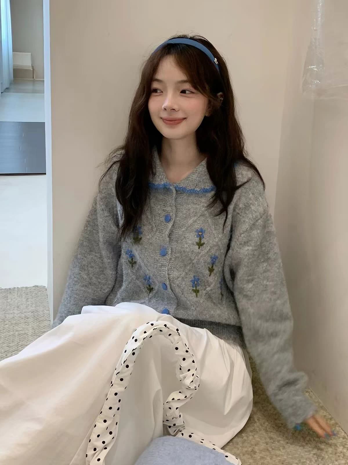 한 부서 달콤함 자수 작은 꽃 폴로 칼라 스웨터 오픈 가디건 여성 루즈핏 가을 겨울 부드러운 찹쌀 연령 감소 니트 재킷 두꺼움 맨위 상세 이미지 3