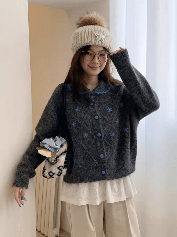 한 부서 달콤함 자수 작은 꽃 폴로 칼라 스웨터 오픈 가디건 여성 루즈핏 가을 겨울 부드러운 찹쌀 연령 감소 니트 재킷 두꺼움 맨위 상세 이미지 4